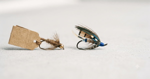 Two artfully crafted fishing flies, one with a brown tag and simple wings, the other with vibrant, colorful feathers, lie on a light surface.