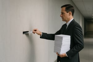 Moški v temni obleki s kupom belih obrazcev v roki potiska en list v ozko režo v goli betonski steni praznega hodnika.