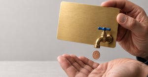 A hand holds a golden card with a faucet, from which a 1-cent coin falls into an open palm.