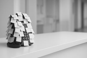 Crni stolni telefon na bijelom recepcijskom pultu, oblijepljen desecima praznih bijelih papirića, uz prazan prostor pokraj njega.