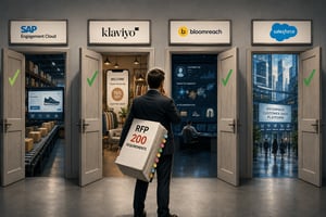 A man with a stack of documents stands before four open doors, each labeled with different software and offering a glimpse into various business environments.